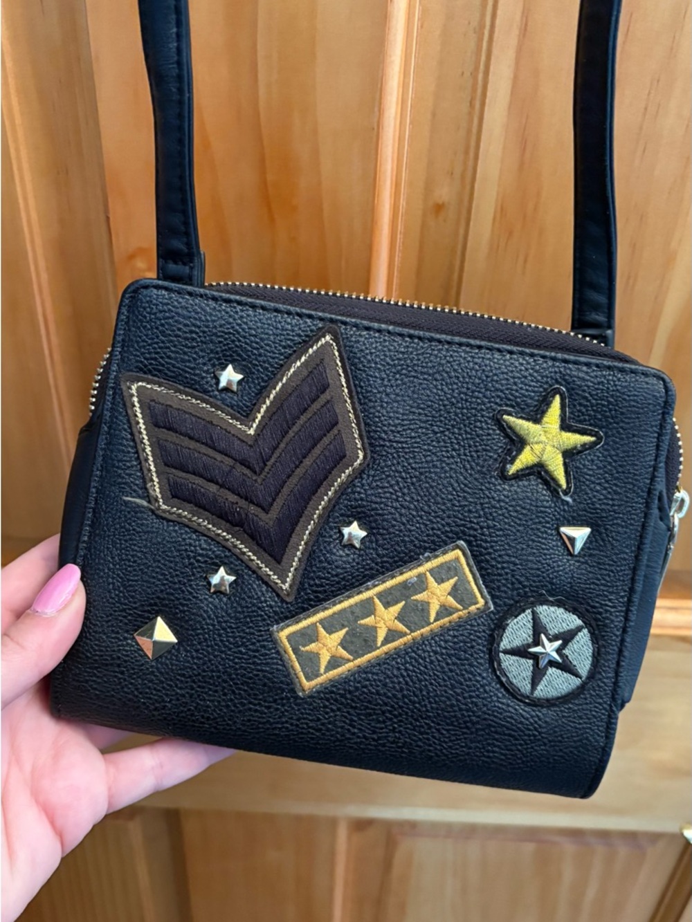 Steve Madden Black Crossbody Bag with Star & Patch Accents